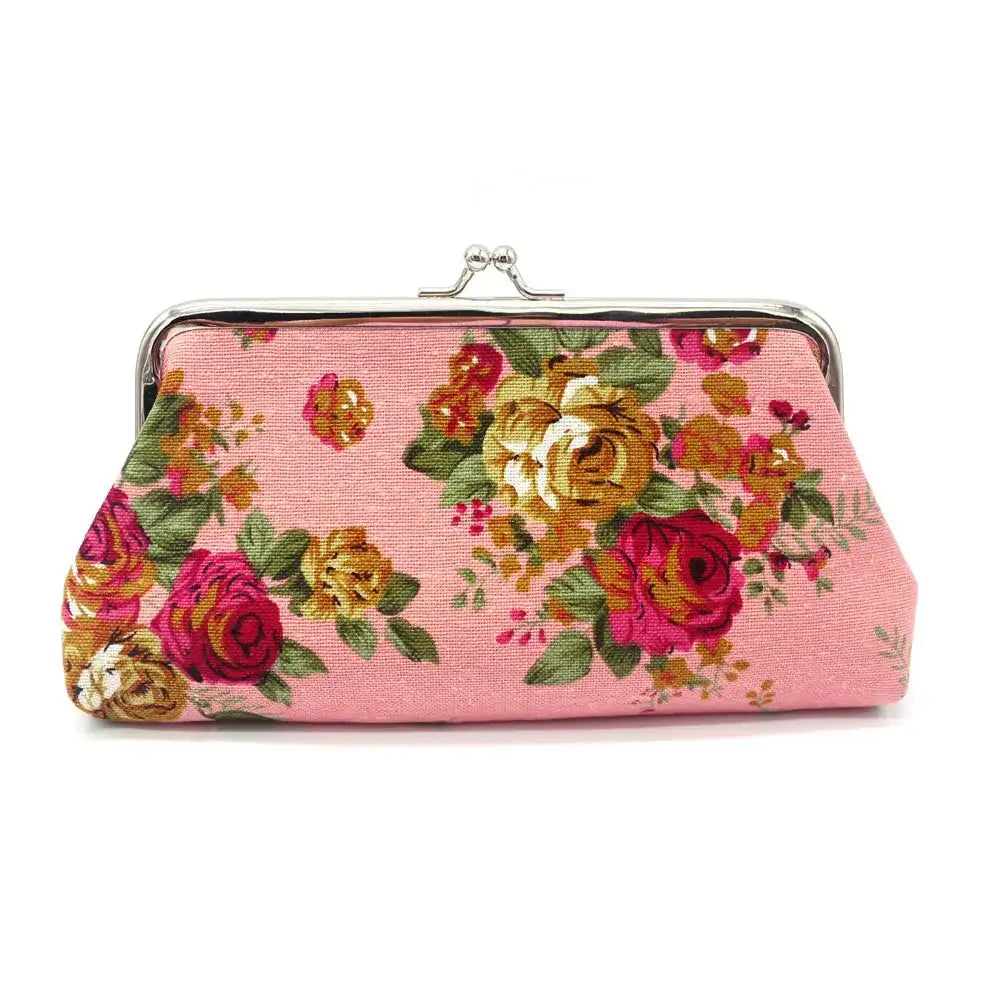 Women's Vintage Floral Pattern Coin Purse, Kiss-Lock Clutch Purse