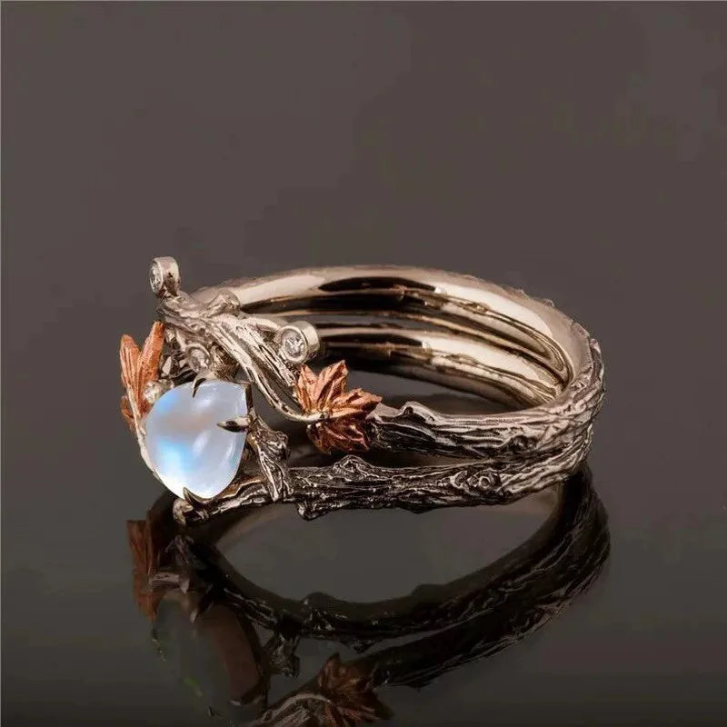 Vintage Boho Hollow Leaf Moonstone Ring for Women
