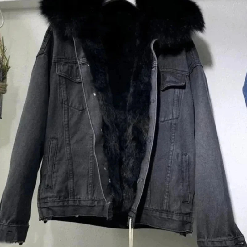 Winter Women Warm Basic Coat Big Fur Collar Denim Jacket