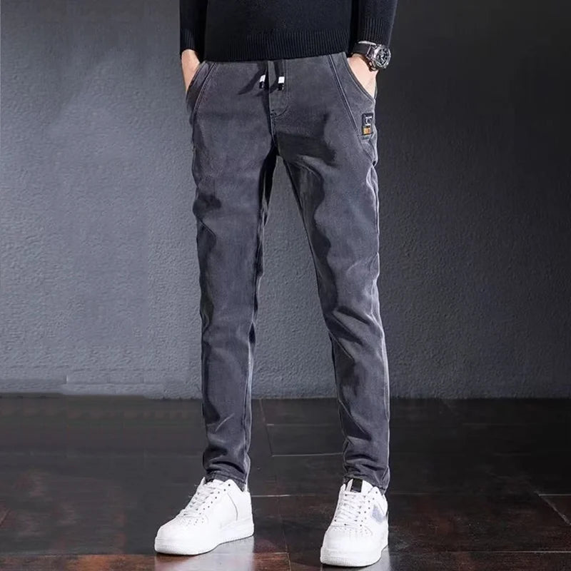 Men's Comfortable Elastic Waist Denim Pants Plush Thermal Autumn Winter Harem Trousers