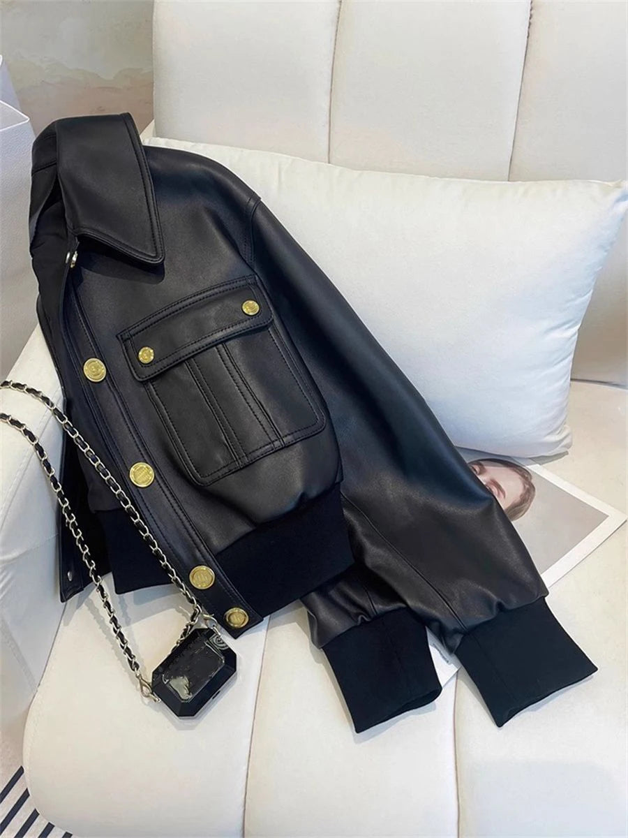 Black Pu Leather Crop Jacket for Women