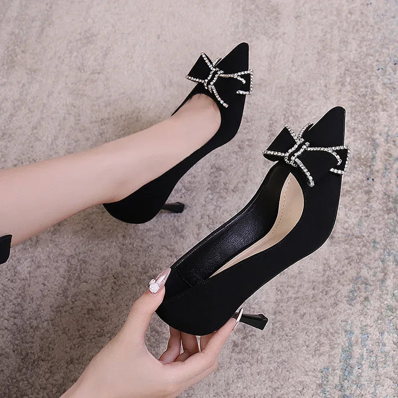 Versatile Black High-Heel Shoes - Pointy Rhinestone Design, Ideal for Autumn and Winter