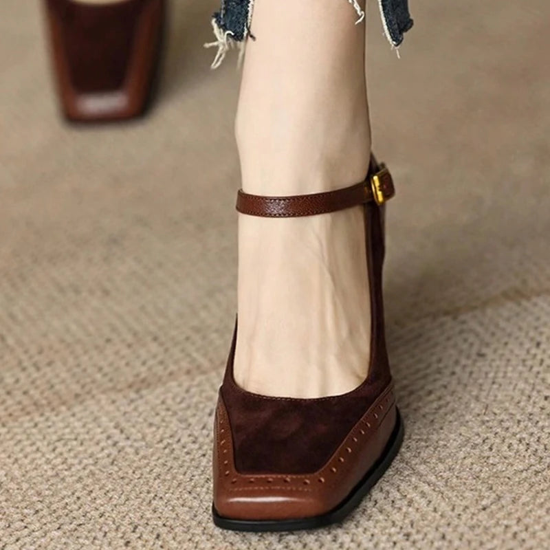 French Style Women's Black Square Toe Chunky Heel Thick Sole Buckle Slip-On Pumps