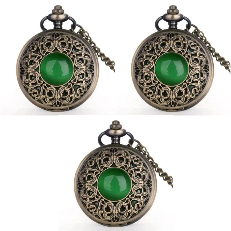 Vintage Arabic Numerals Face Hollowed-Out Carving Jade Quartz Pocket Watch