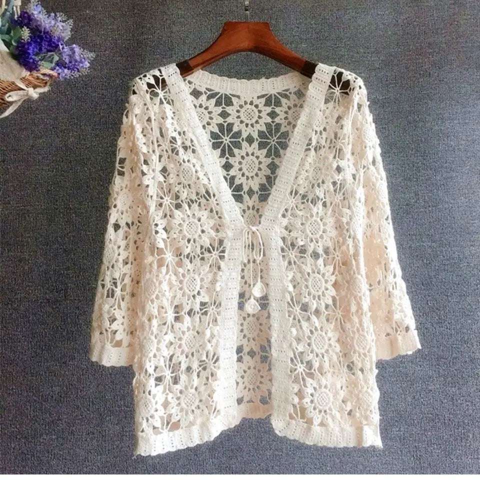 Cotton Knit Crochet Lace Open Cardigan Mid-Sleeve Summer Vintage Sweater