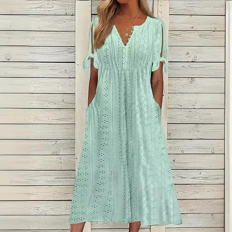 Summer New Women's Dress with Hollow-out Lace Trim and V-neck