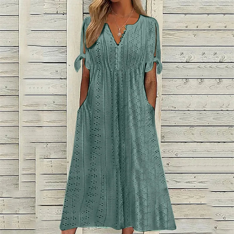 Summer New Women's Dress with Hollow-out Lace Trim and V-neck