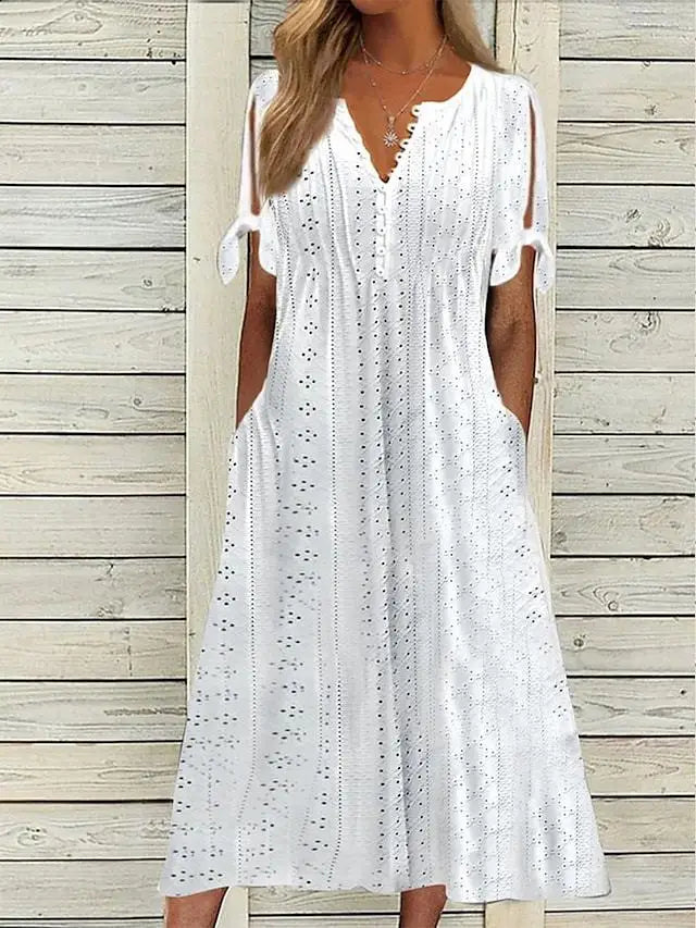 Summer New Women's Dress with Hollow-out Lace Trim and V-neck