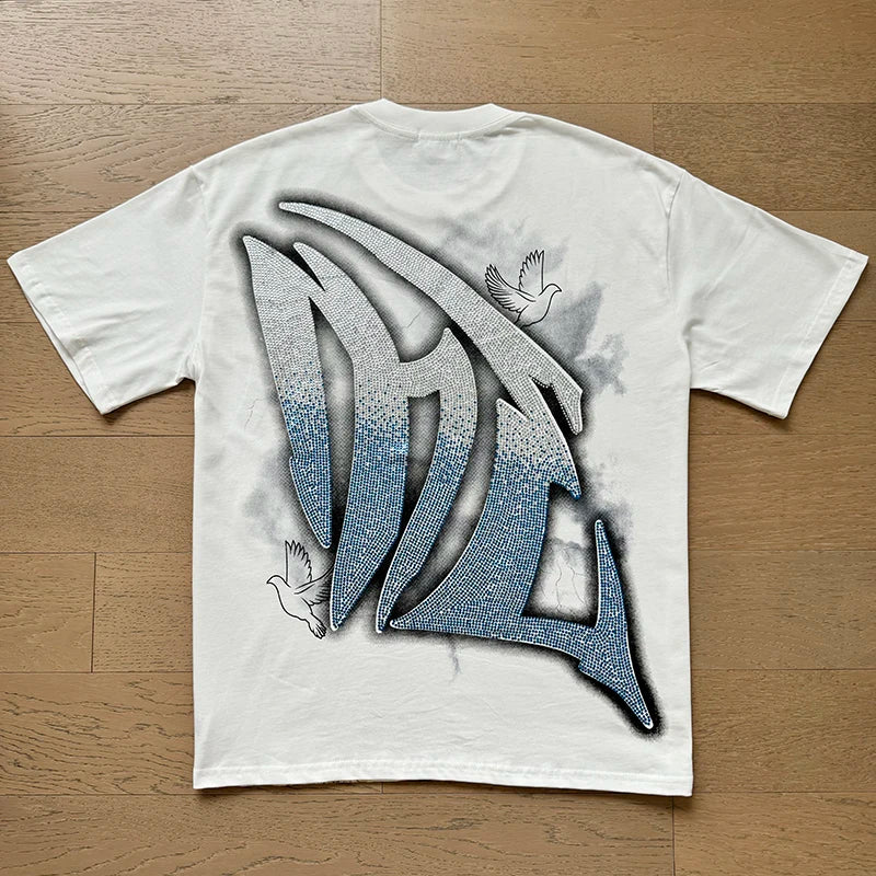 High Street Fashion Angel Print Hot Drill Streetwear MIXED EMOTION T-shirt