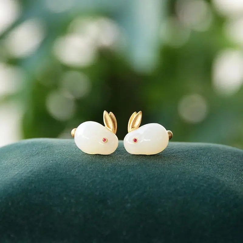 Inspired design natural Hetian jade rabbit adjustable ring earrings bracelet set