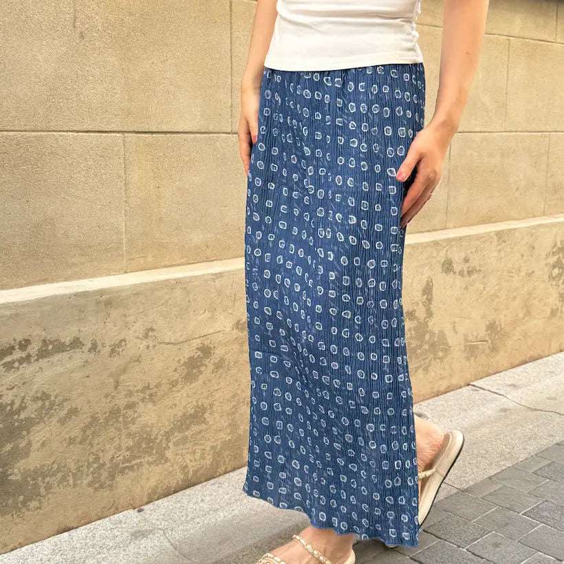 Korean Style Minimalist Printed Half Skirt Blue Versatile Floral Print Slimming Effect Elastic Waistband Split Back Half Ski