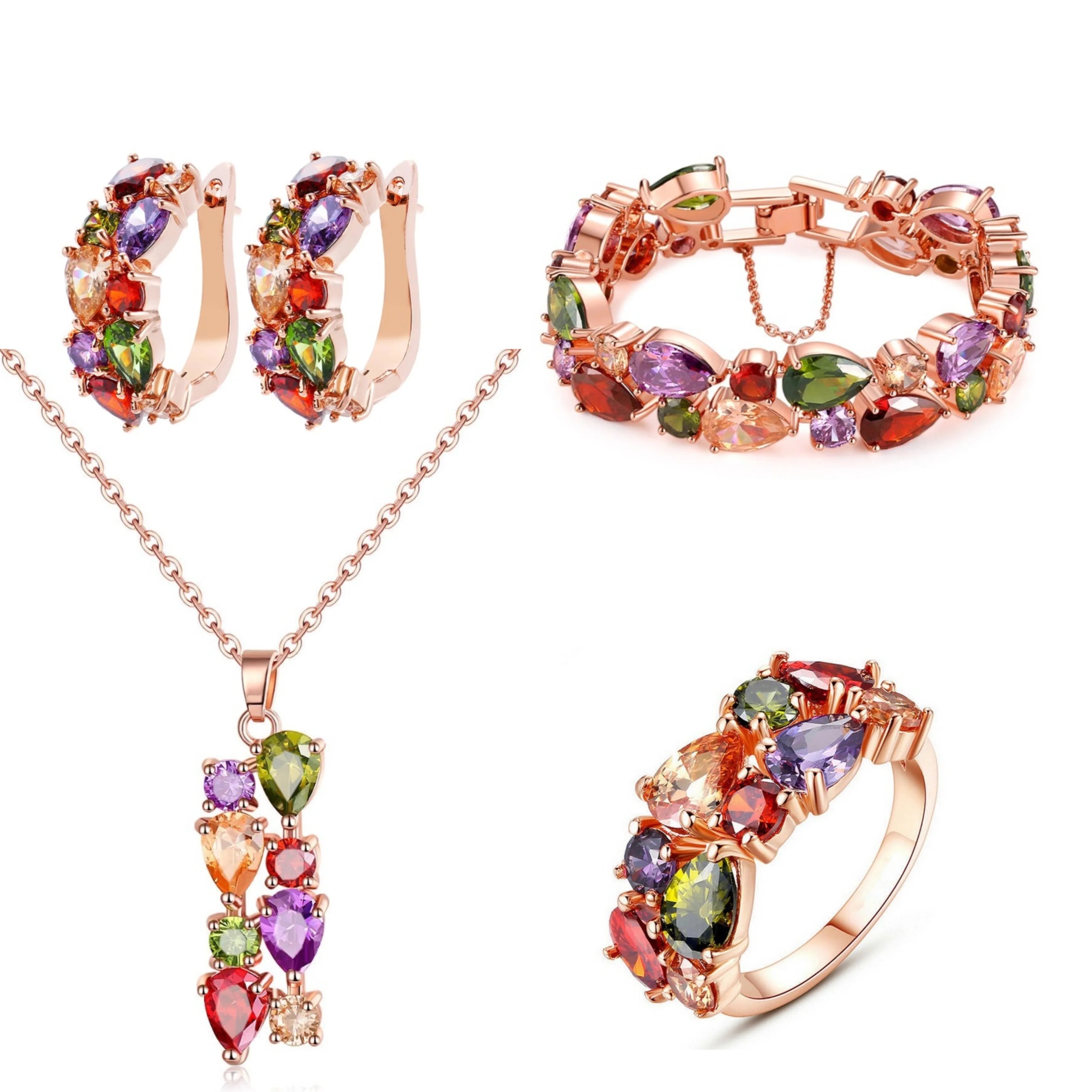 Retro Sweet Rose Gold Color Multi Cubic Zirconia Jewelry Sets