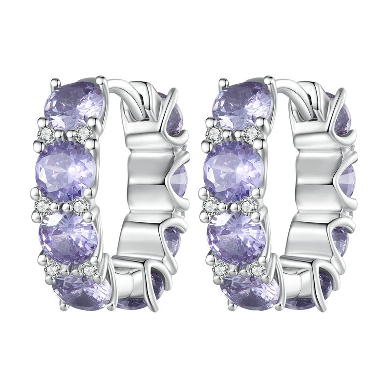 WOSTU Big Stone 925 Sterling Silver Classical Round Purple Crystal Hoop Earrings