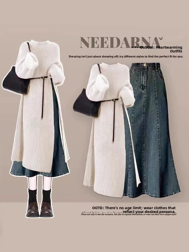 Autumn-Winter Knitted Sweater and Denim Skirt Set
