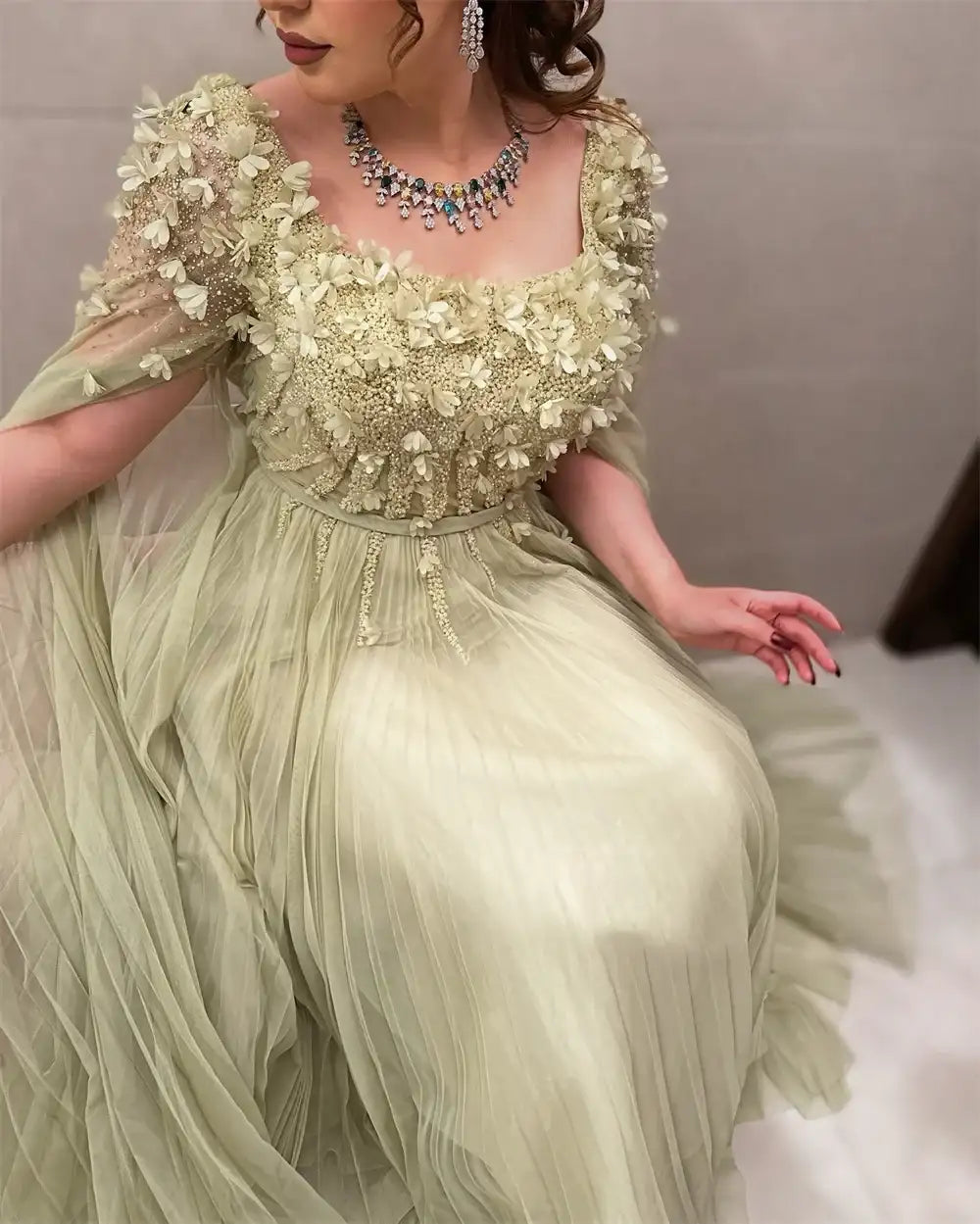 Sansa Green 3D Flowers Beading Prom Dresses