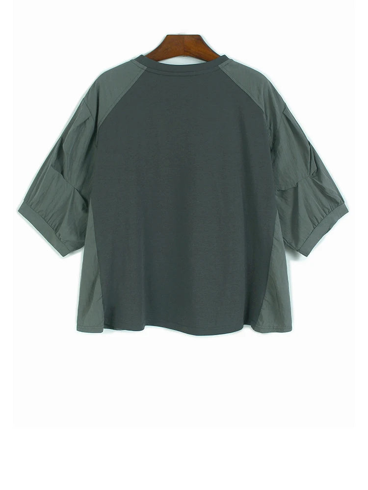 Women's Gray Pleated Color-block Big Size Casual T-shirt