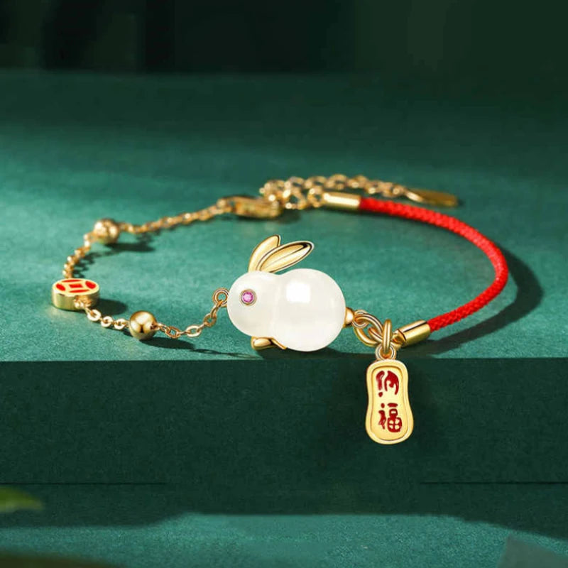 Inspired design natural Hetian jade rabbit adjustable ring earrings bracelet set