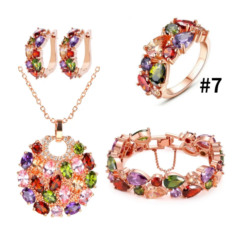 Retro Sweet Rose Gold Color Multi Cubic Zirconia Jewelry Sets