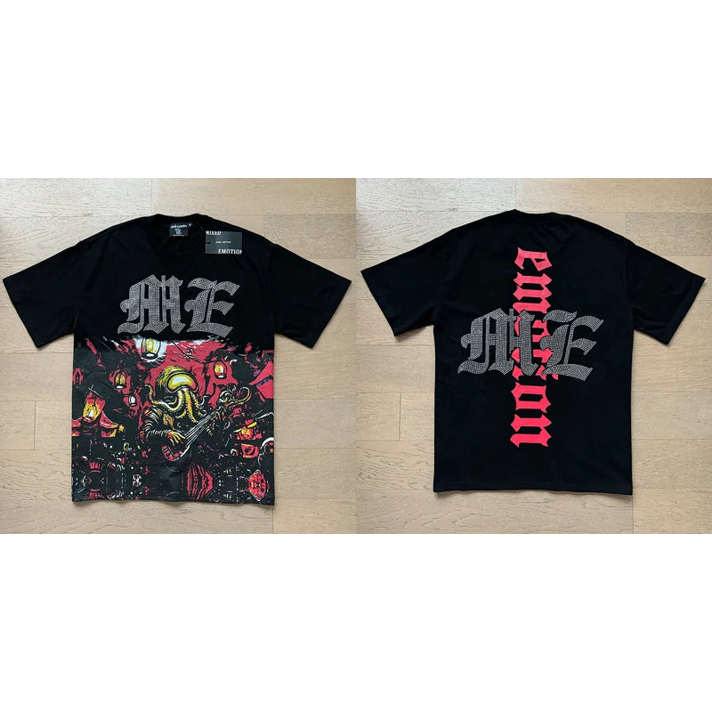 High Street Fashion Angel Print Hot Drill Streetwear MIXED EMOTION T-shirt