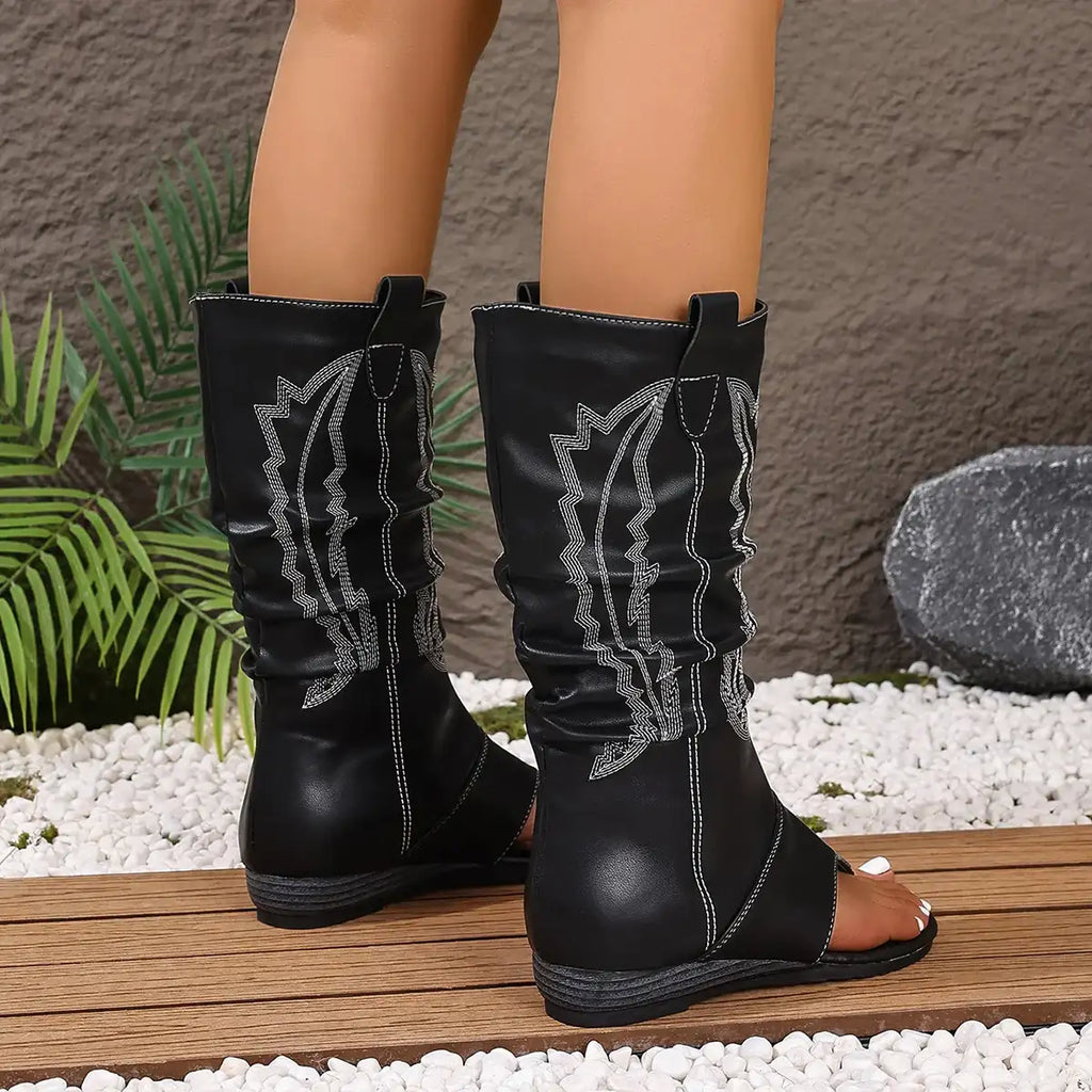 Embroidered Clip-Toe Wedge Heel Stylish Breathable Western Boots