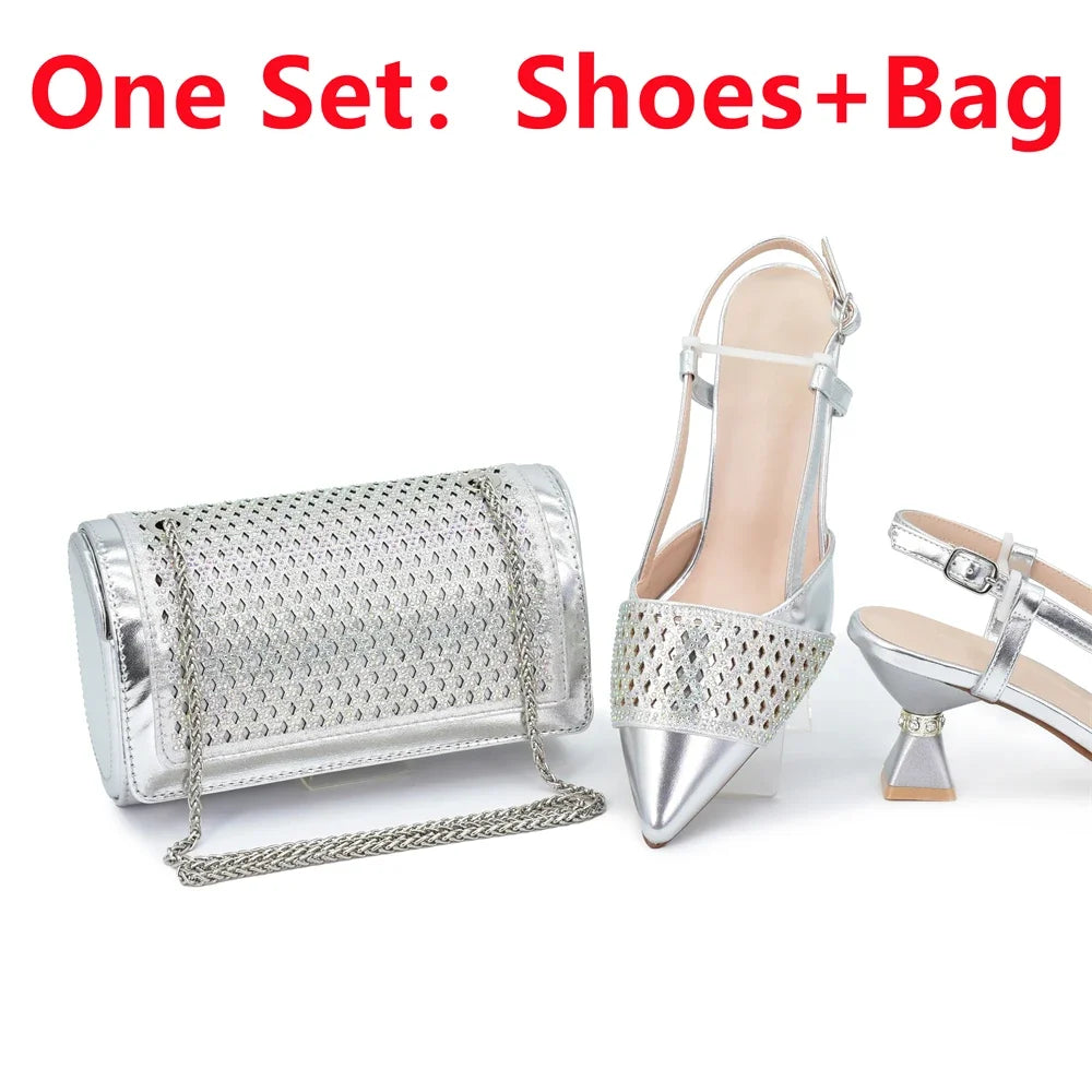 New Women's Heeled Shoes and Bag Set - Rhinestone-Decorated Luxury Design for Parties
