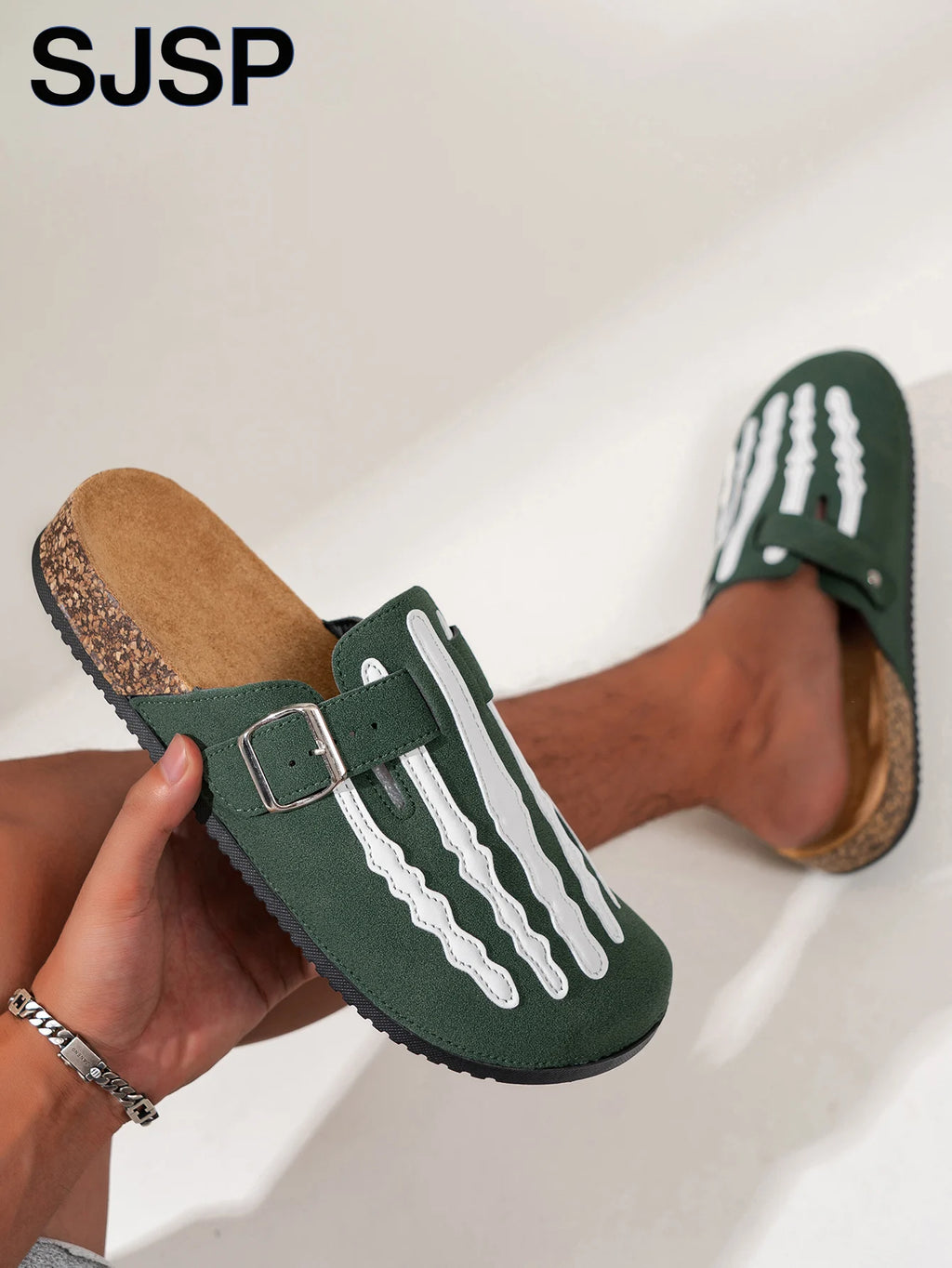 Men's New Half-Slip Halloween Trendy Skeleton Print Slip-On Design Sandals