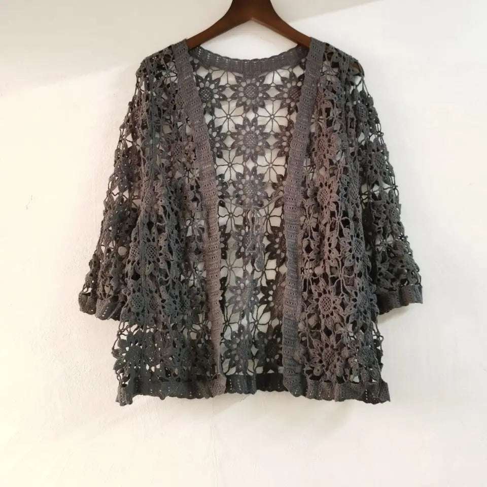Cotton Knit Crochet Lace Open Cardigan Mid-Sleeve Summer Vintage Sweater