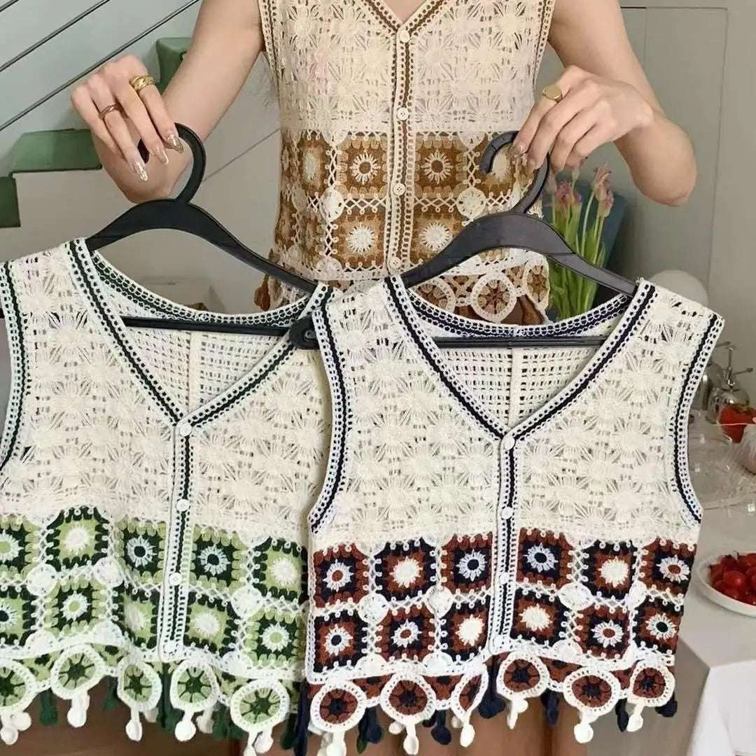 New spring and summer crochet hollow-out versatile vest for women loose V-neck sleeveless short tops