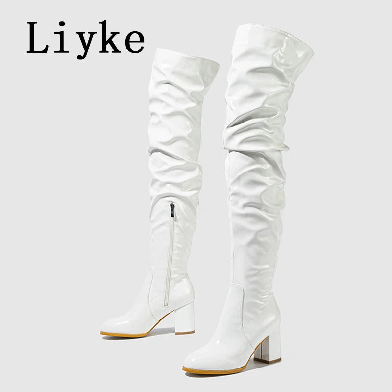 Liyke Autumn Winter White Patent Leather Over The Knee Boots