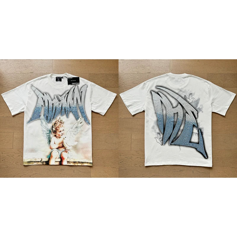 High Street Fashion Angel Print Hot Drill Streetwear MIXED EMOTION T-shirt