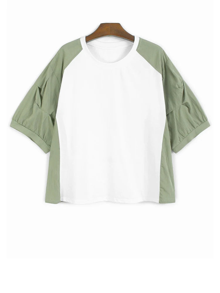 Women's Gray Pleated Color-block Big Size Casual T-shirt