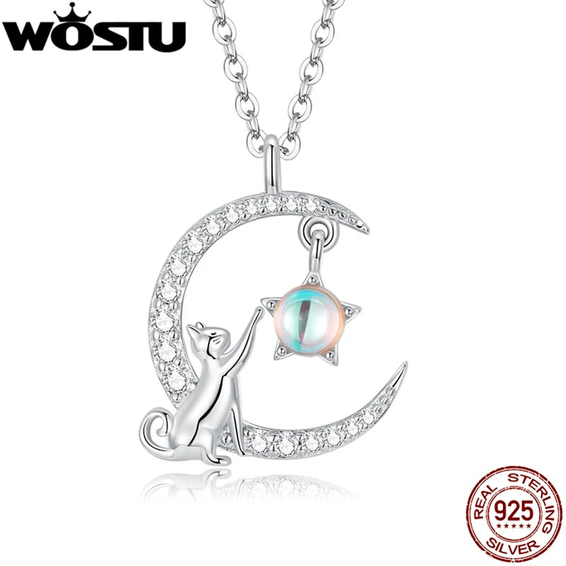 WOSTU 925 Sterling Silver Cute Cat Rabbit Necklace Star Zircon Moon Pendant Necklace