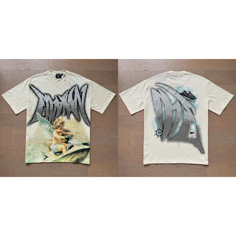 High Street Fashion Angel Print Hot Drill Streetwear MIXED EMOTION T-shirt