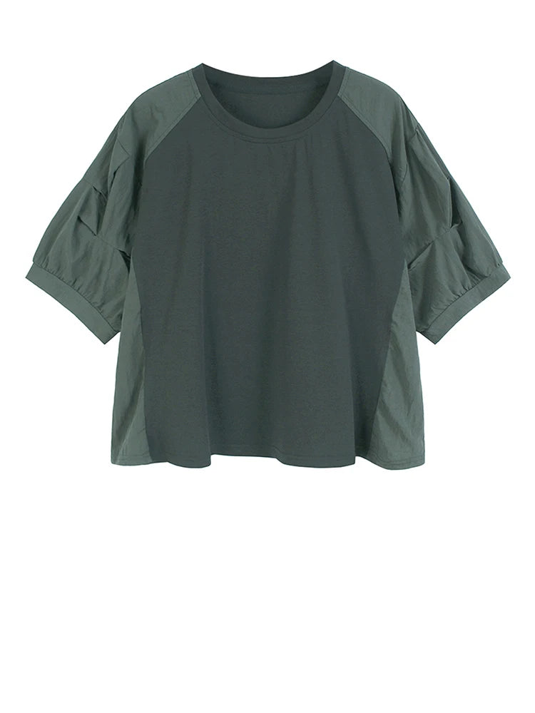 Women's Gray Pleated Color-block Big Size Casual T-shirt
