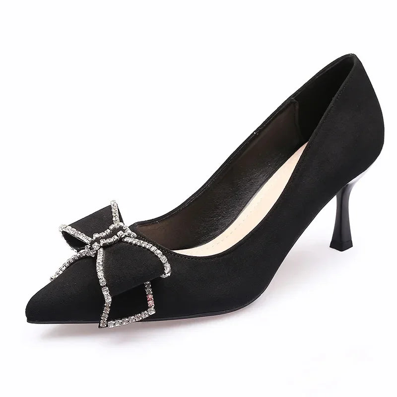 Versatile Black High-Heel Shoes - Pointy Rhinestone Design, Ideal for Autumn and Winter