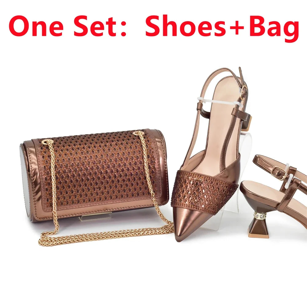New Women's Heeled Shoes and Bag Set - Rhinestone-Decorated Luxury Design for Parties