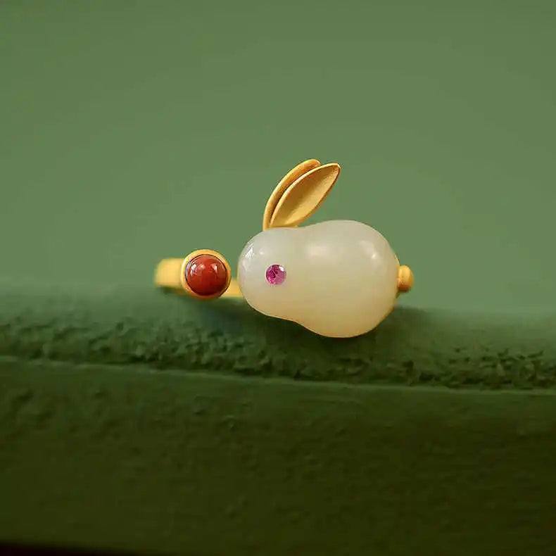 Inspired design natural Hetian jade rabbit adjustable ring earrings bracelet set