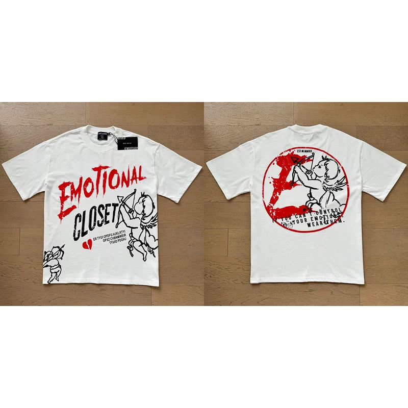 High Street Fashion Angel Print Hot Drill Streetwear MIXED EMOTION T-shirt