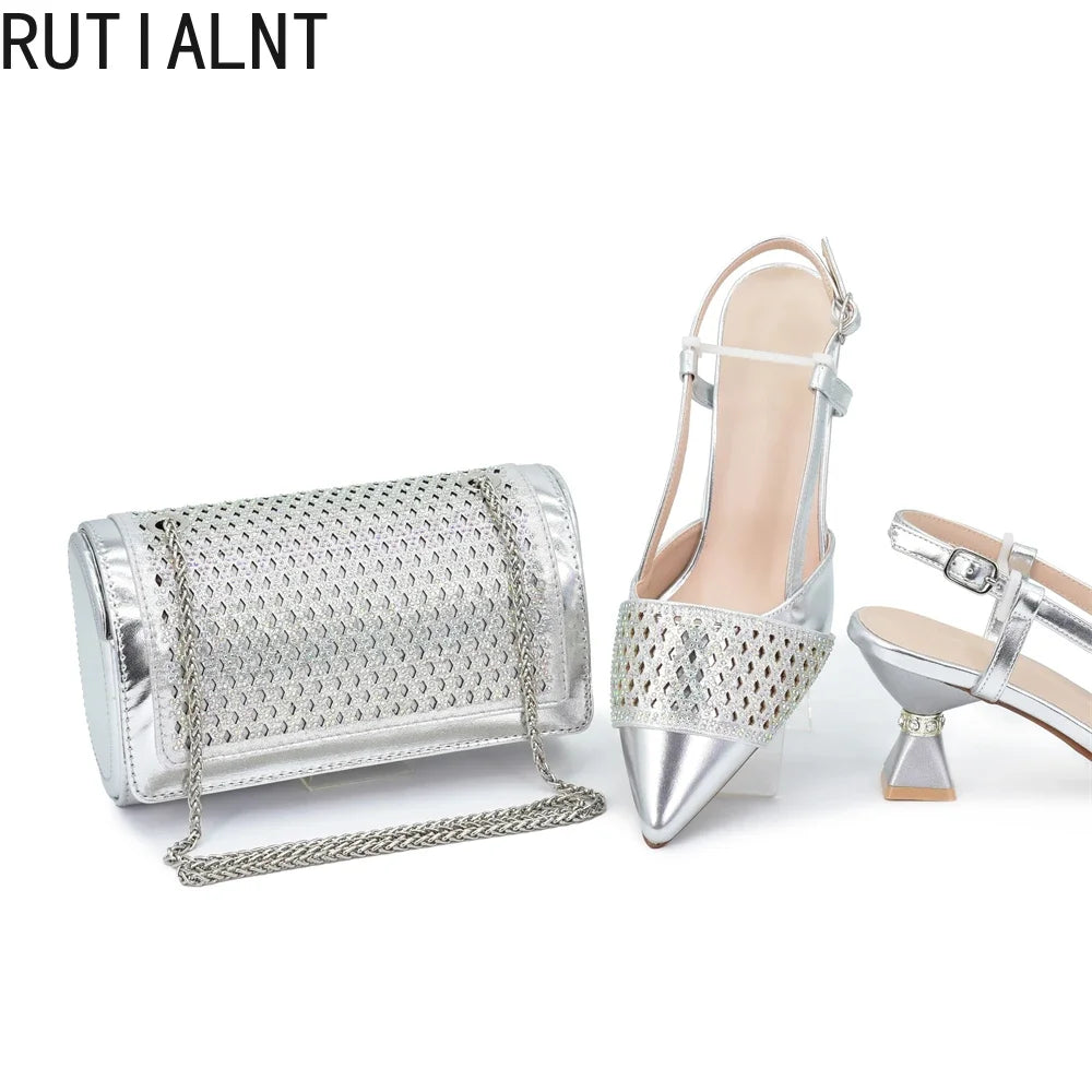 New Women's Heeled Shoes and Bag Set - Rhinestone-Decorated Luxury Design for Parties