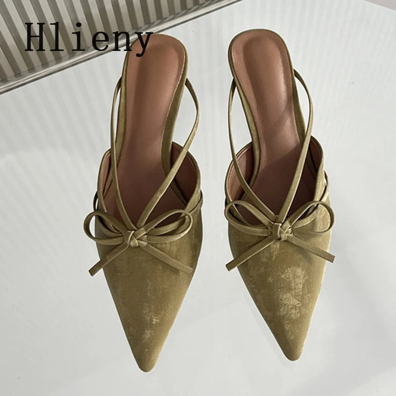 Butterfly-Knot Pointed Toe Low Thin Heels Mules Slippers Women Pumps