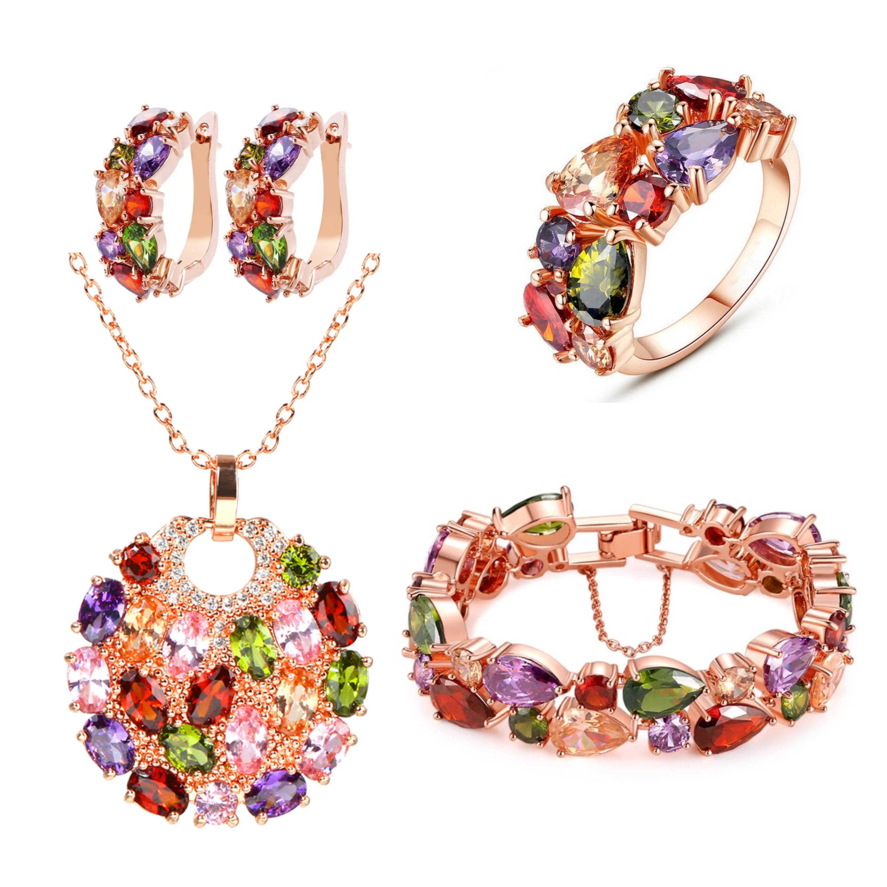Retro Sweet Rose Gold Color Multi Cubic Zirconia Jewelry Sets