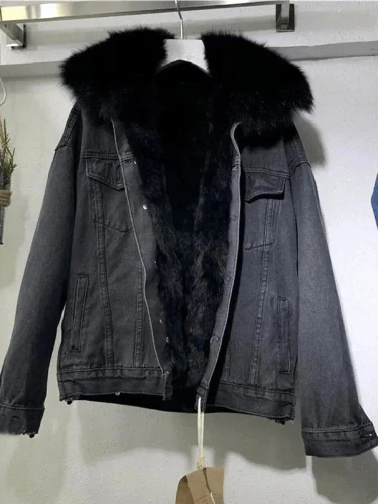 Winter Women Warm Basic Coat Big Fur Collar Denim Jacket