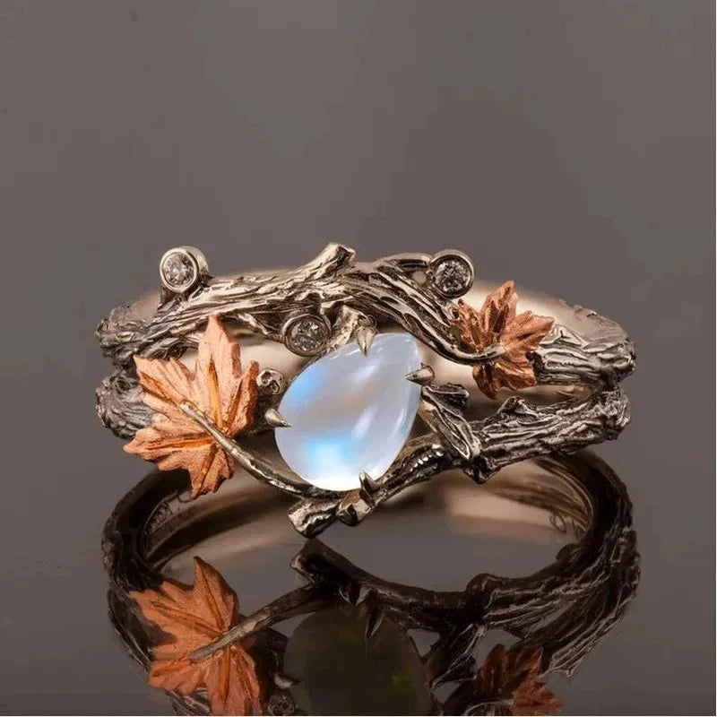 Vintage Boho Hollow Leaf Moonstone Ring for Women