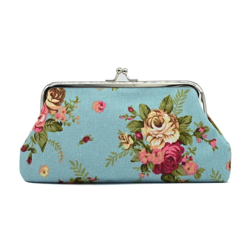 Women's Vintage Floral Pattern Coin Purse, Kiss-Lock Clutch Purse