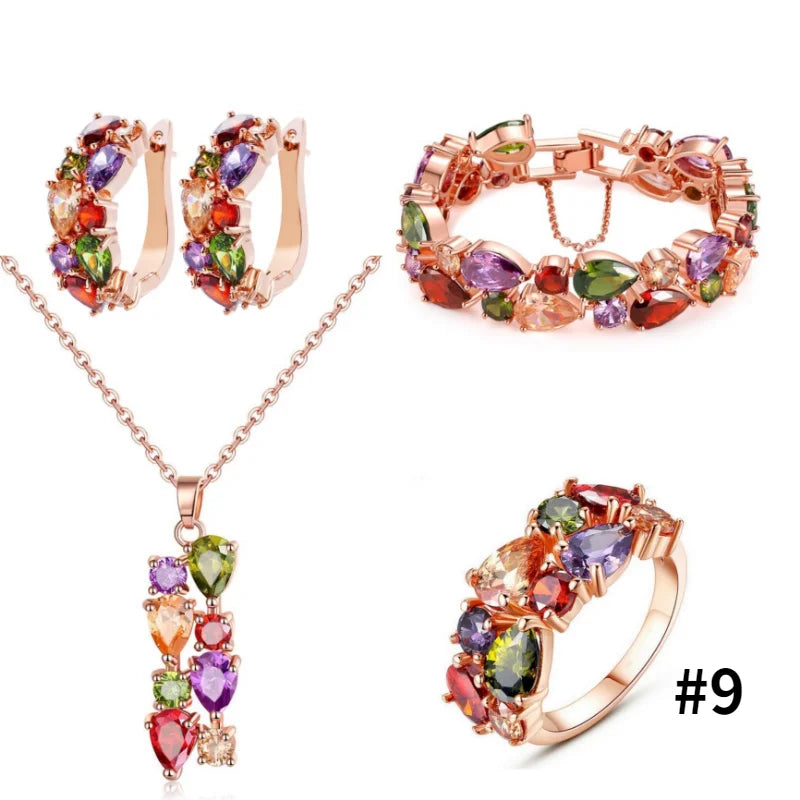 Retro Sweet Rose Gold Color Multi Cubic Zirconia Jewelry Sets
