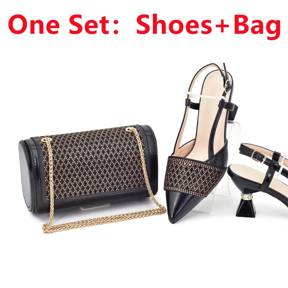 New Women's Heeled Shoes and Bag Set - Rhinestone-Decorated Luxury Design for Parties