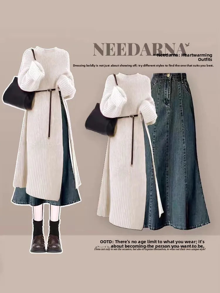 Autumn-Winter Knitted Sweater and Denim Skirt Set