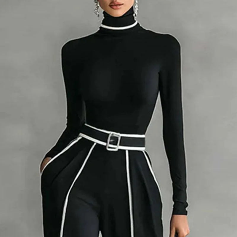 Retro Turtleneck Bottoming Shirt Top+Wide-leg Trousers Suit