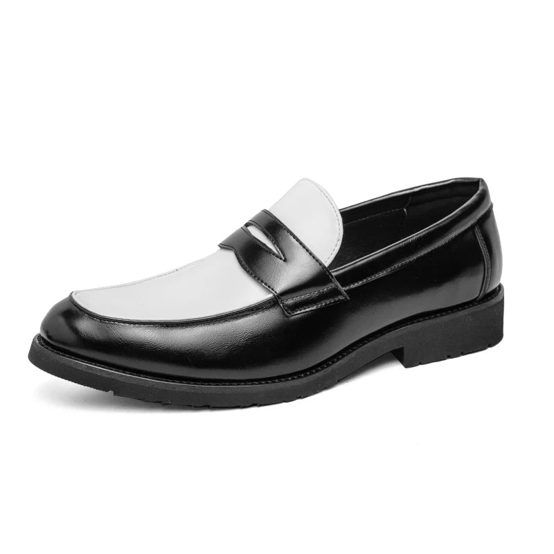 Luxury Brand Black and White Color block Loafers Men Slip-On Classic Style Casual Leather Shoes