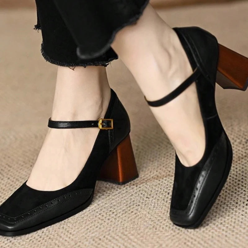 French Style Women's Black Square Toe Chunky Heel Thick Sole Buckle Slip-On Pumps